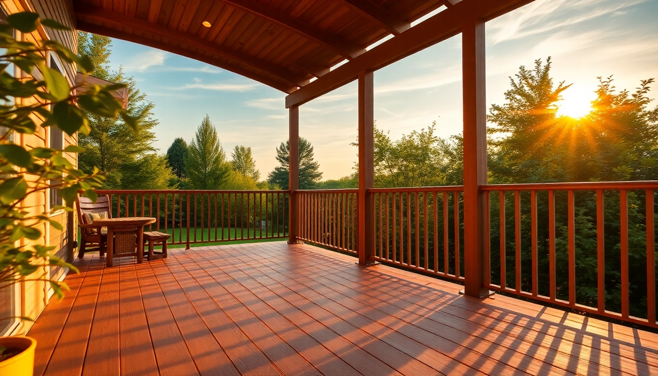 Illustration of deck construction showing a wooden deck built in a serene outdoor environment.