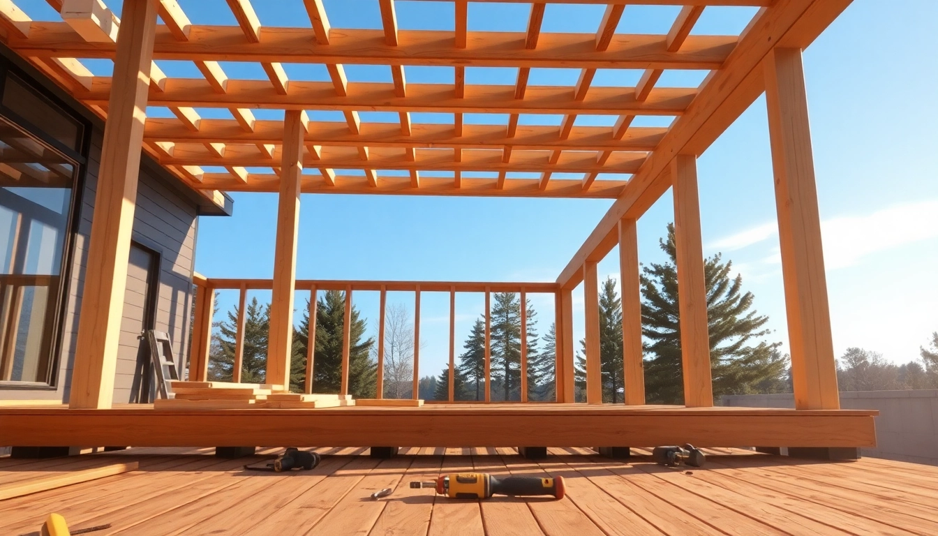 Explore the deck construction process with detailed wooden joists and beams visible.