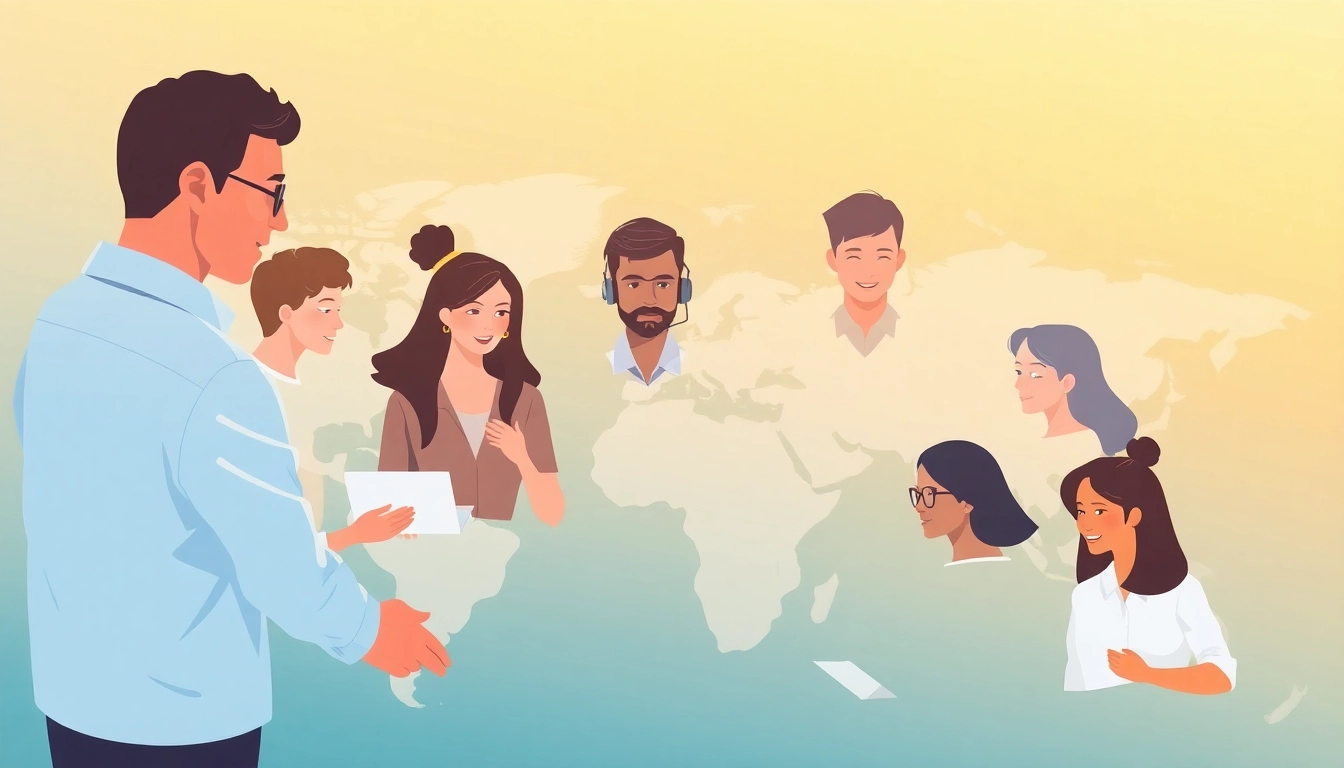 Outsourcing: Global teamwork illustration showcasing diverse professionals collaborating across borders.