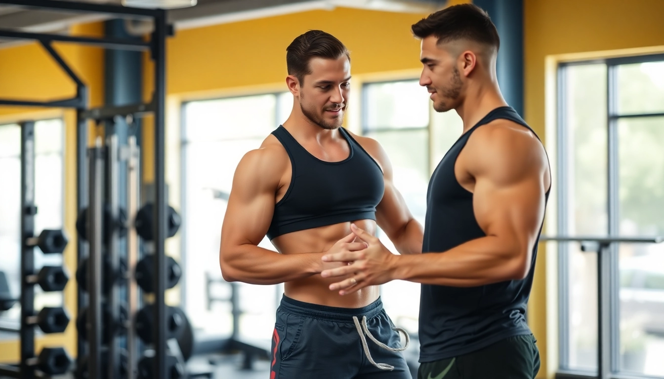 Effective Personal Trainer guiding a client through a workout in a vibrant gym environment.