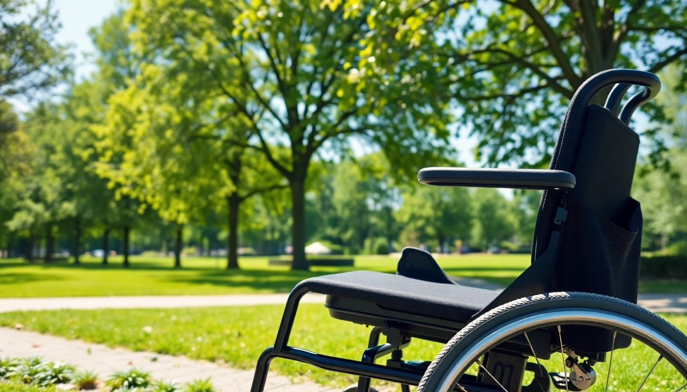 Electric wheelchair parked under a tree, blending modern design with outdoor accessibility for users.