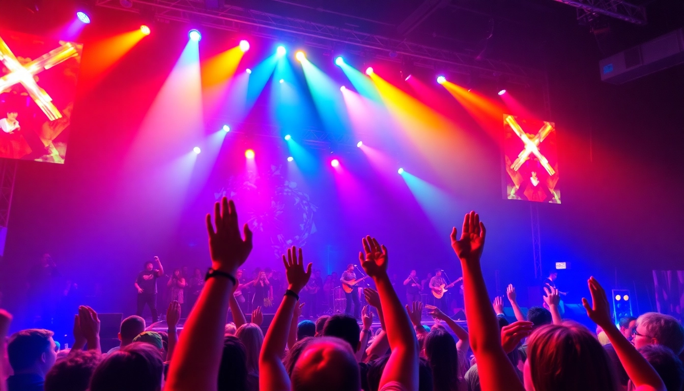 Excited Live Music Fans enjoying a live performance with colorful stage lights.