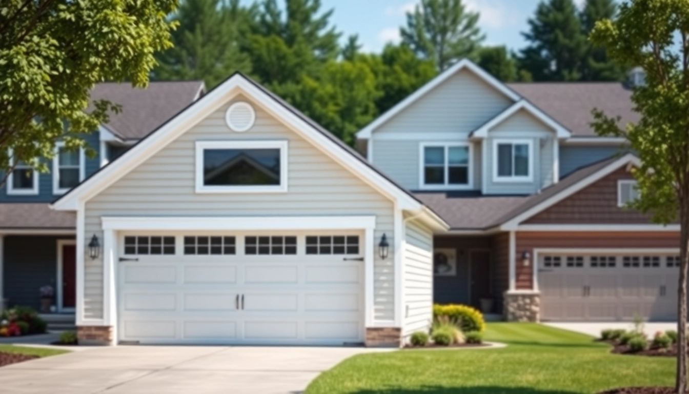 Showcasing custom built garages with diverse styles and designs in a suburban neighborhood.