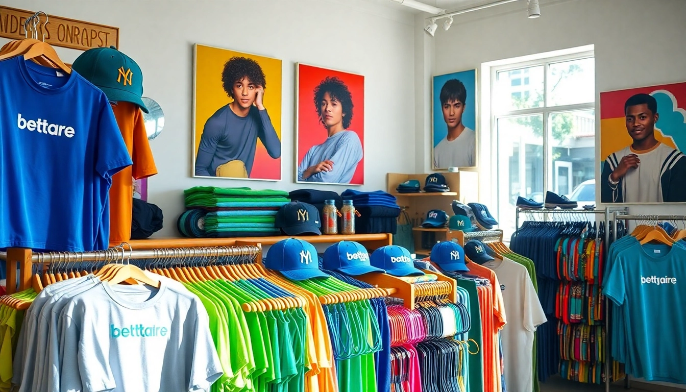 Showcase merchandise featuring branded clothing and accessories in a boutique setting.