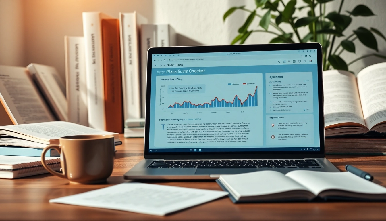 Analyze your writing with a reliable plagiarism checker showcased on a laptop in a cozy study.