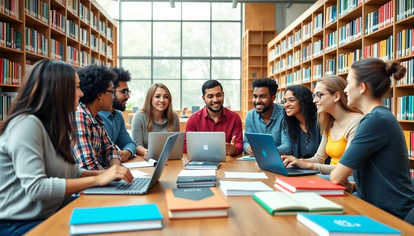 Group of students collaborating on their original UK degree in a bright library environment.