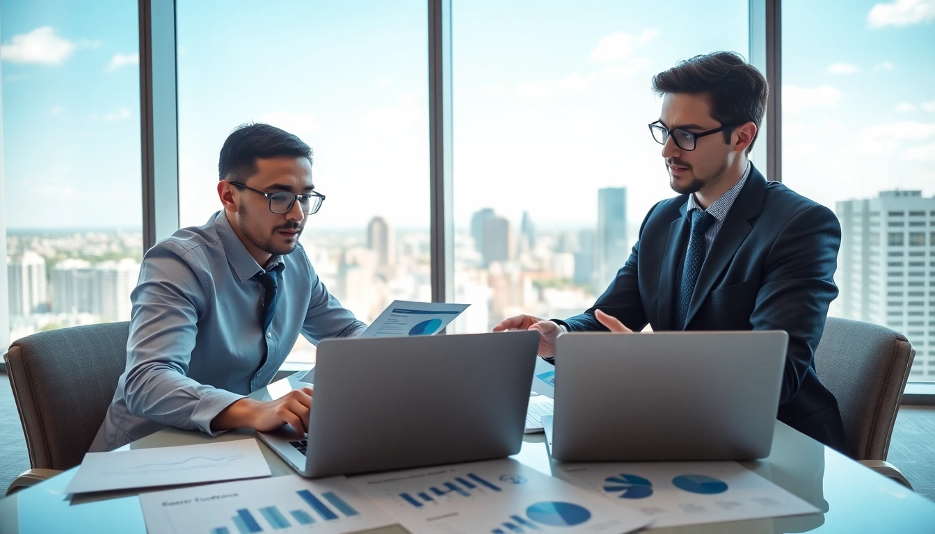 Find competitor customers during a business meeting analyzing data on laptops in a bright office.
