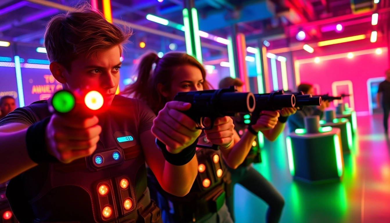 Players engaging in an exciting laser tag game in a neon-lit arena.