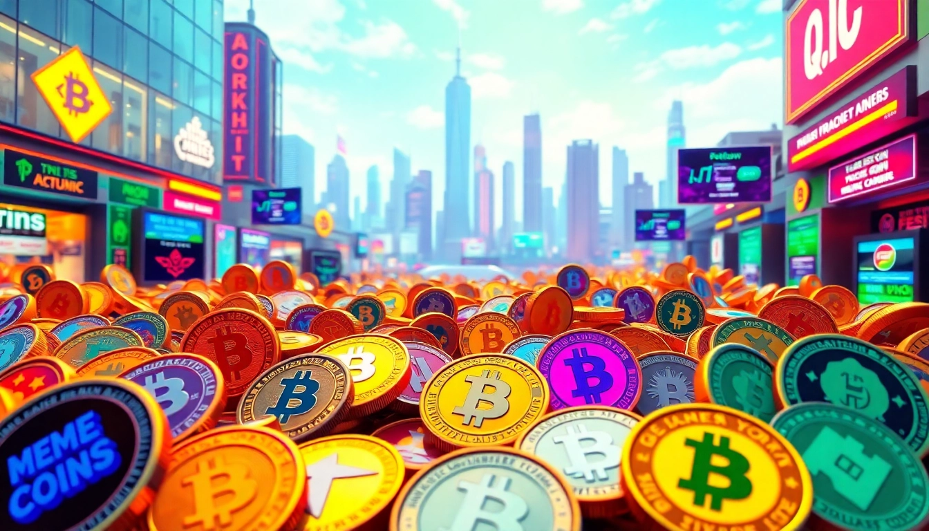 Highlighting meme coins that last in a vibrant digital marketplace setting with futuristic elements.