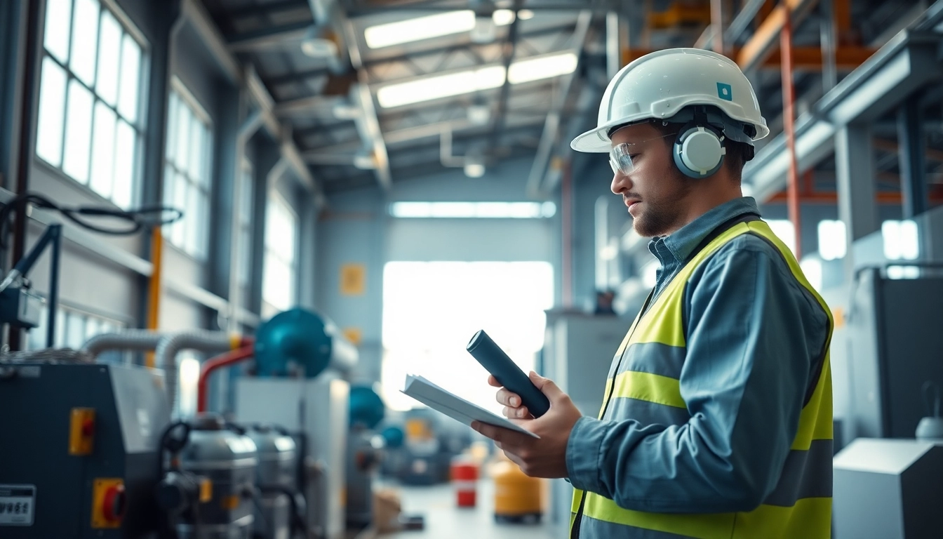 Professional examining industrial hygiene services with a focus on air quality in a factory environment.