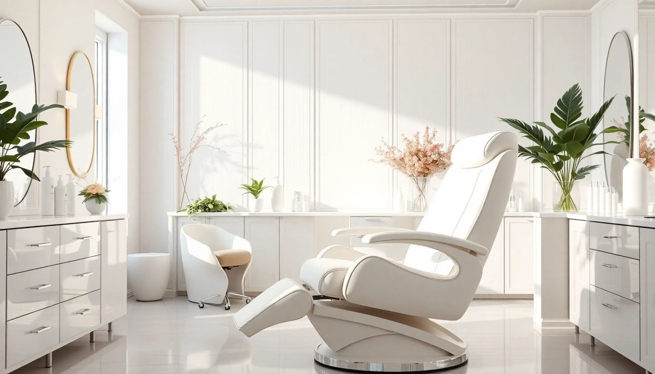 Fachmännischer kosmetikstuhl in einem eleganten Schönheitssalon, ideal für erstklassige Behandlungen.