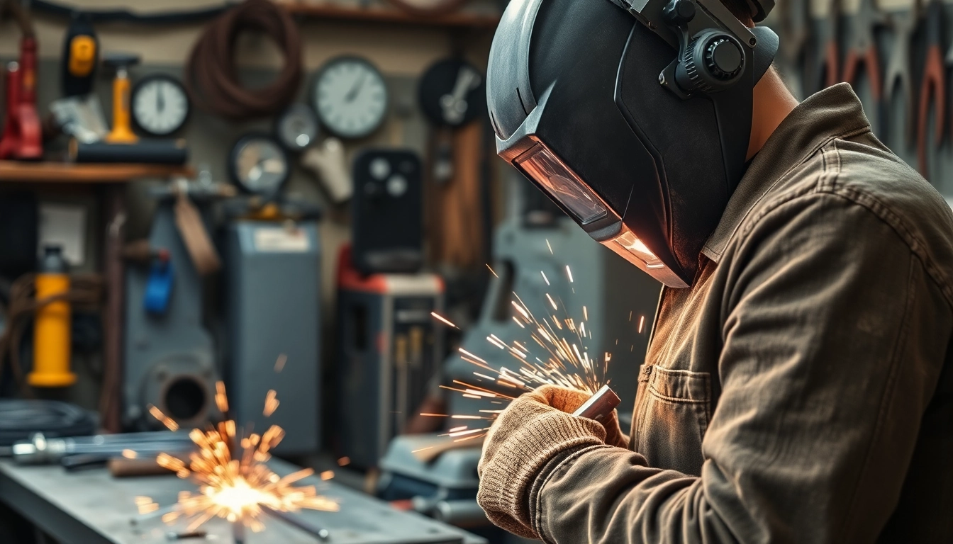 Welder using quality welding supplies near me in an industrial workshop.