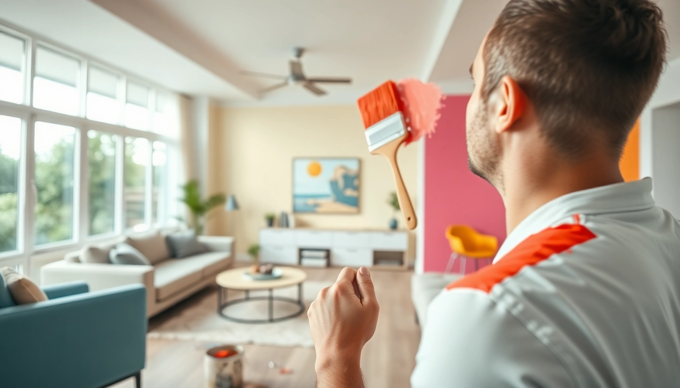 Experienced painter performing a professional interior painting job in a beautifully revitalized living room.