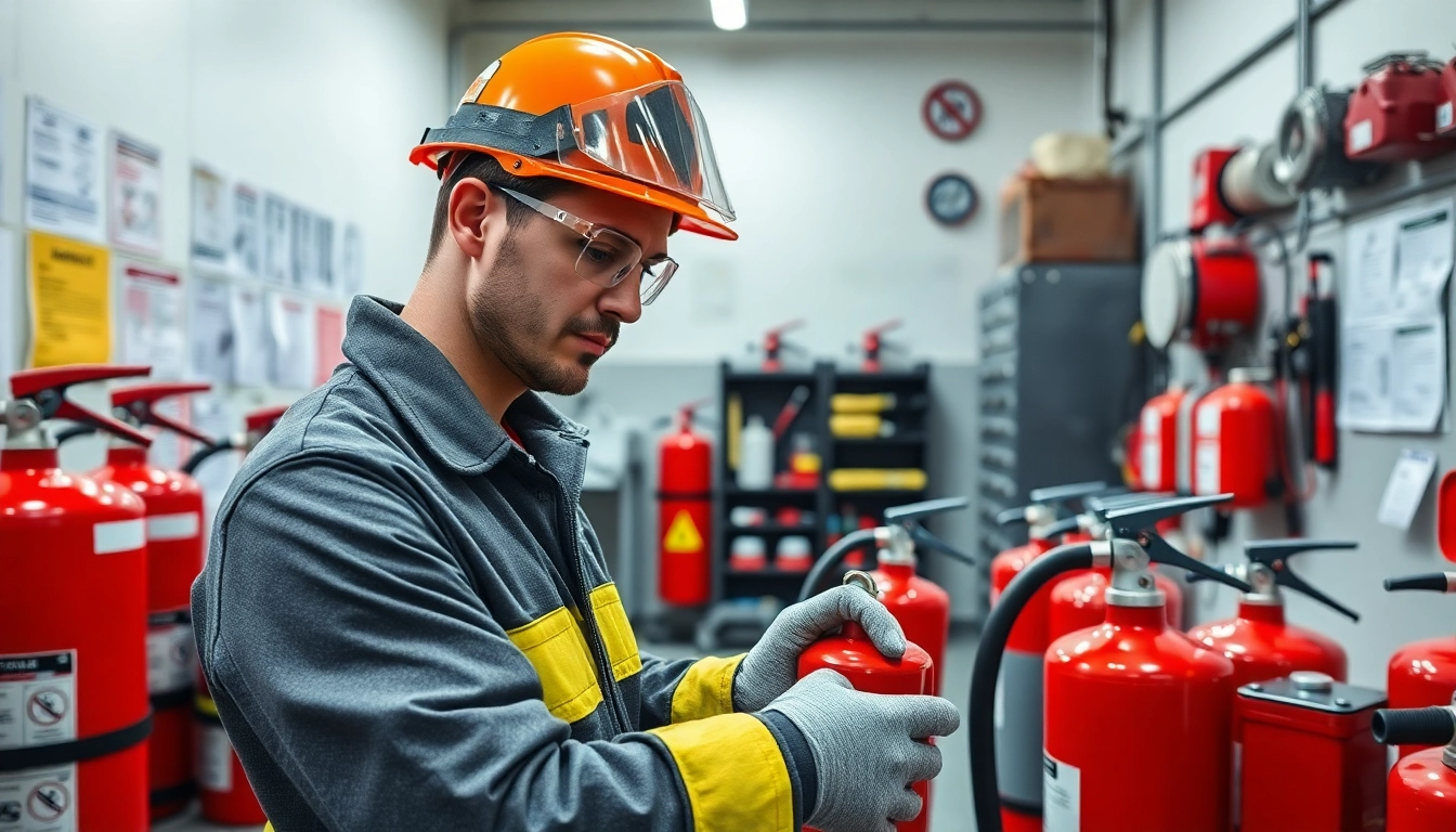 Technician performing fire extinguisher servicing Cannock in a professional workshop environment.
