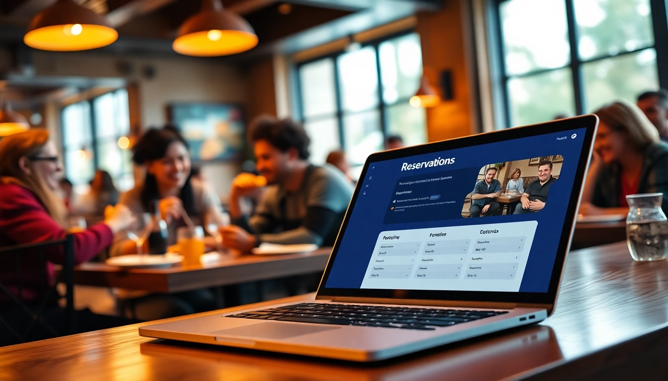 Engaging in Reservation Services via modern technology in a bustling restaurant atmosphere.