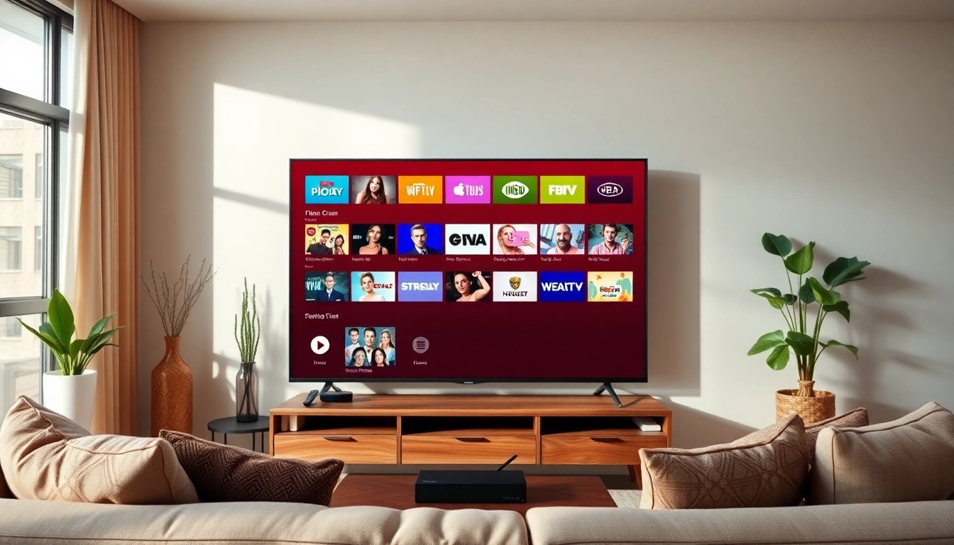 Experience IPTV Subscription USA with a vibrant smart TV showcasing diverse streaming options in a modern living room.