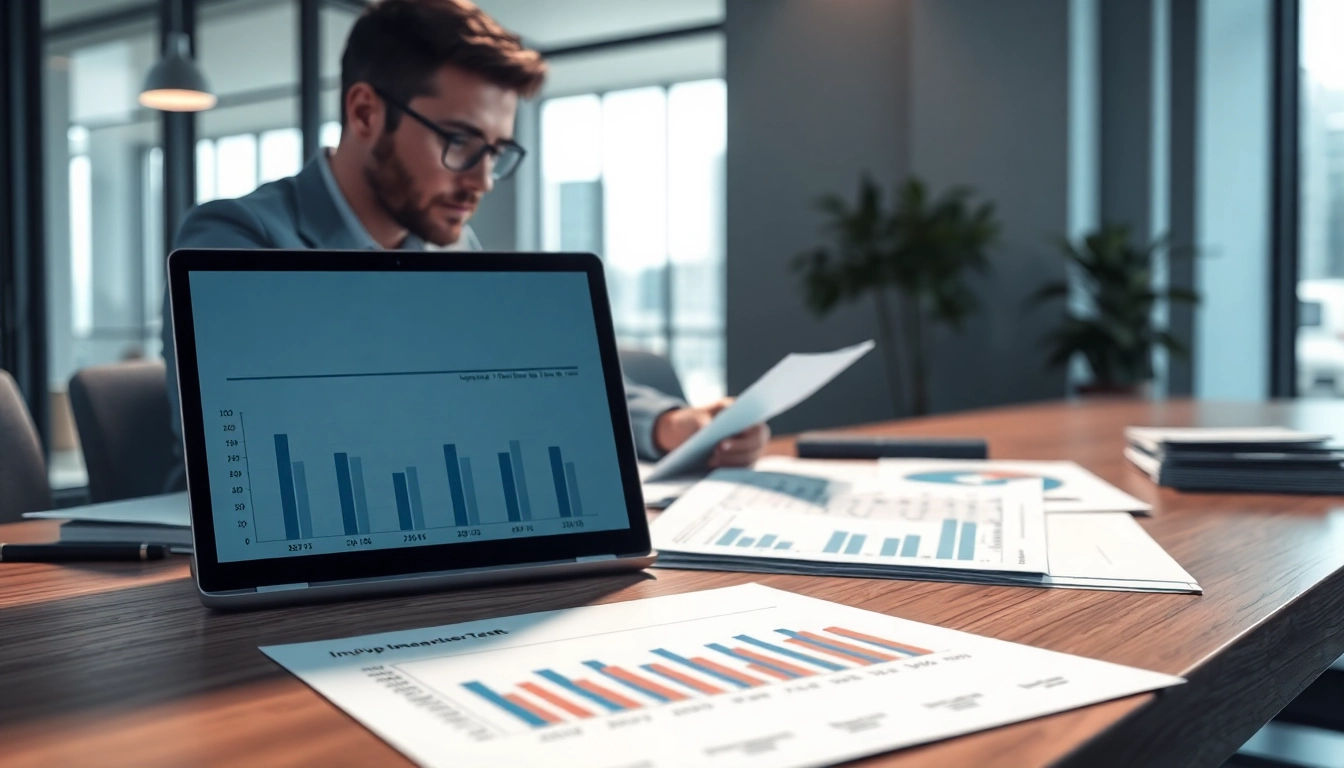 Conducting an impairment test analysis with financial reports in a modern office.