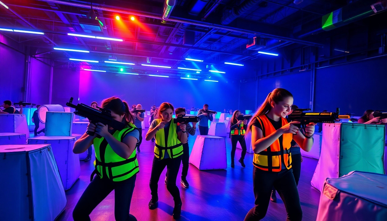 Players energetically engaging in laser tag inside a neon-lit arena, creating an exciting atmosphere.