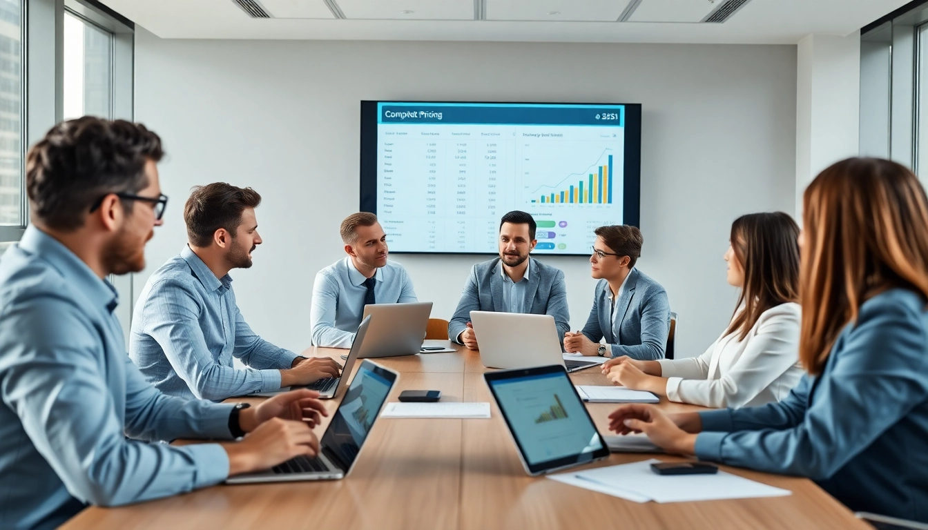 Conducting competitor pricing research analysis in a professional meeting environment.