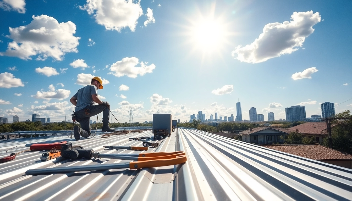 Metal roofing installation Austin: Expert contractor installing a sleek metal roof in the Austin skyline.