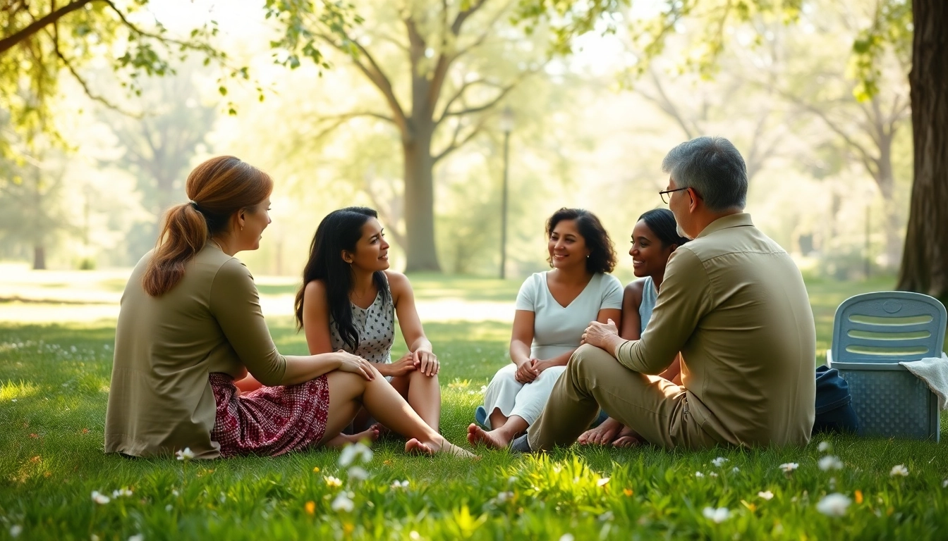 Group session focusing on dealing with grief, showcasing support and healing among individuals in nature.