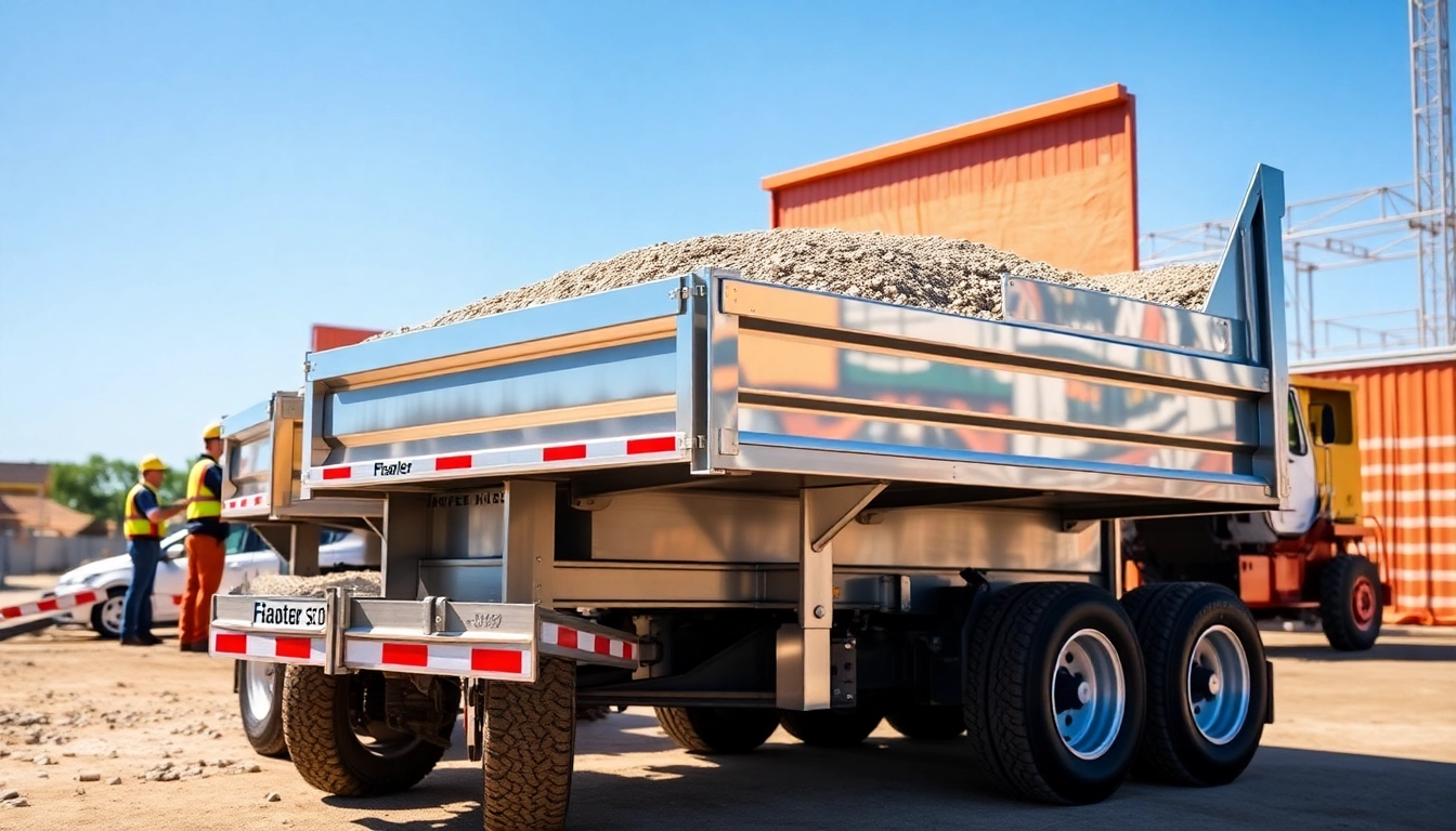 Hydraulic dump trailers for sale displayed prominently in a busy construction site.