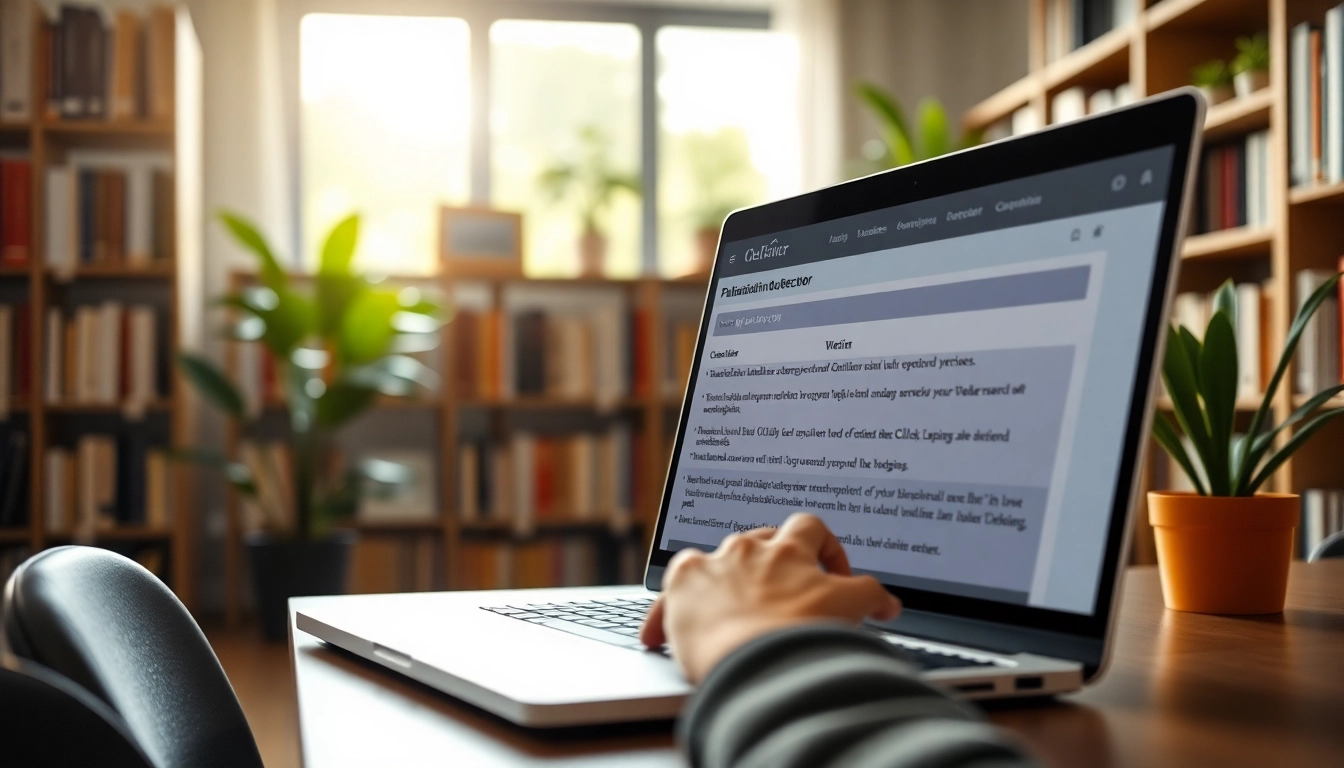 Use plagiarism detector software on a laptop showcasing an academic work environment.