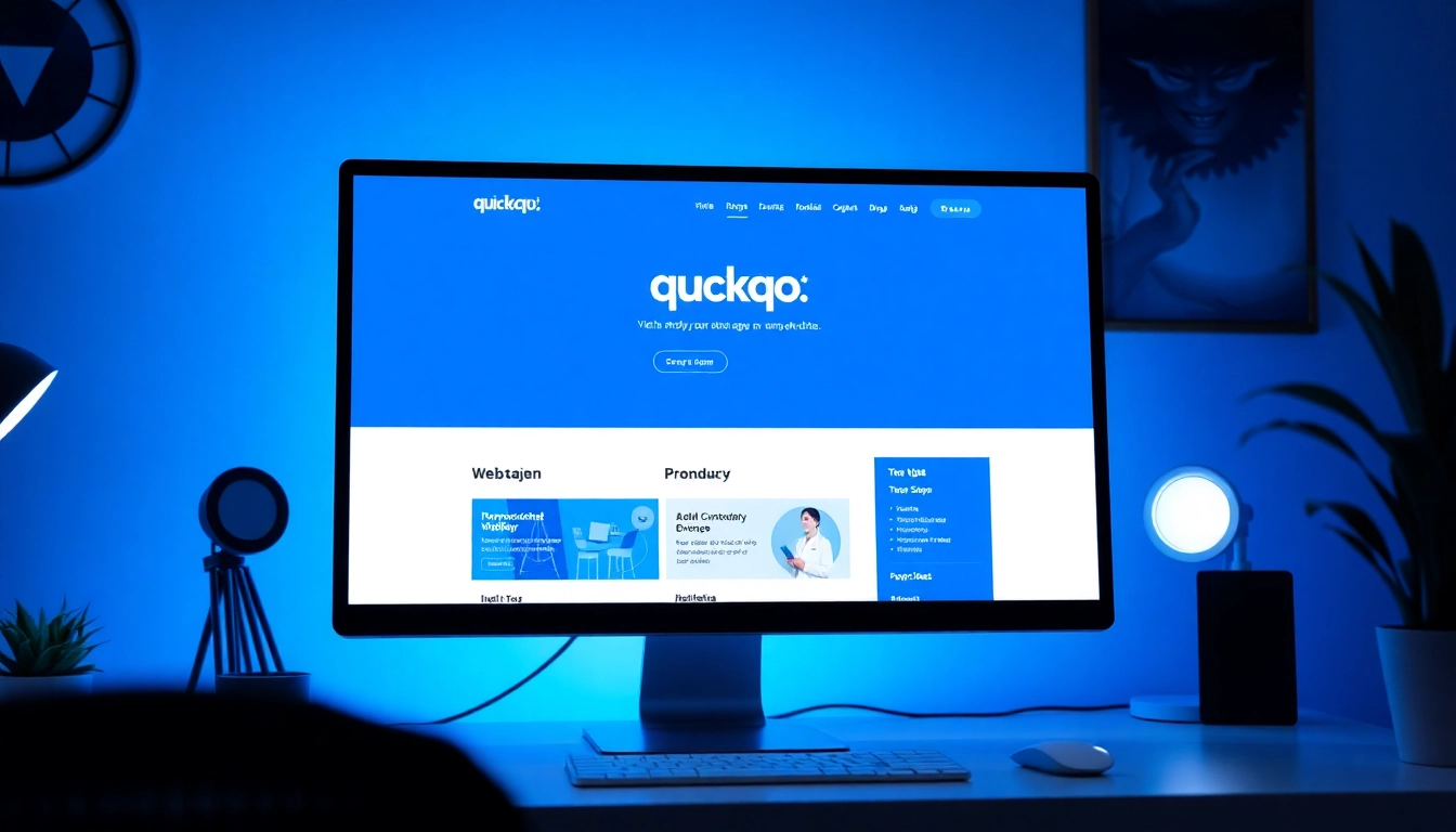 Showcase the quickq官网 website interface on a desktop, highlighting its inviting design and user features.