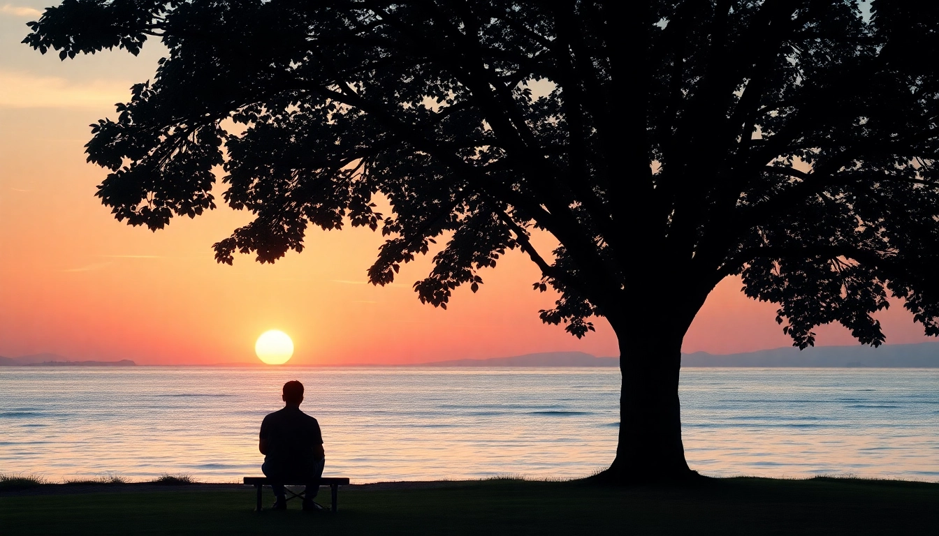 A figure dealing with grief sits by tranquil waters under a tree, reflecting on loss.