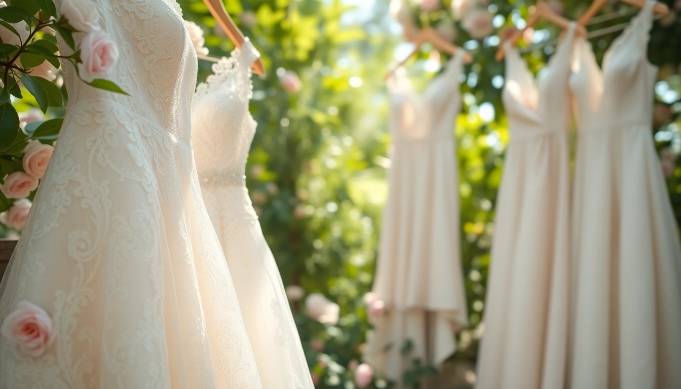 Brides wearing elegant lace wedding dresses in a beautiful garden setting with intricate details.