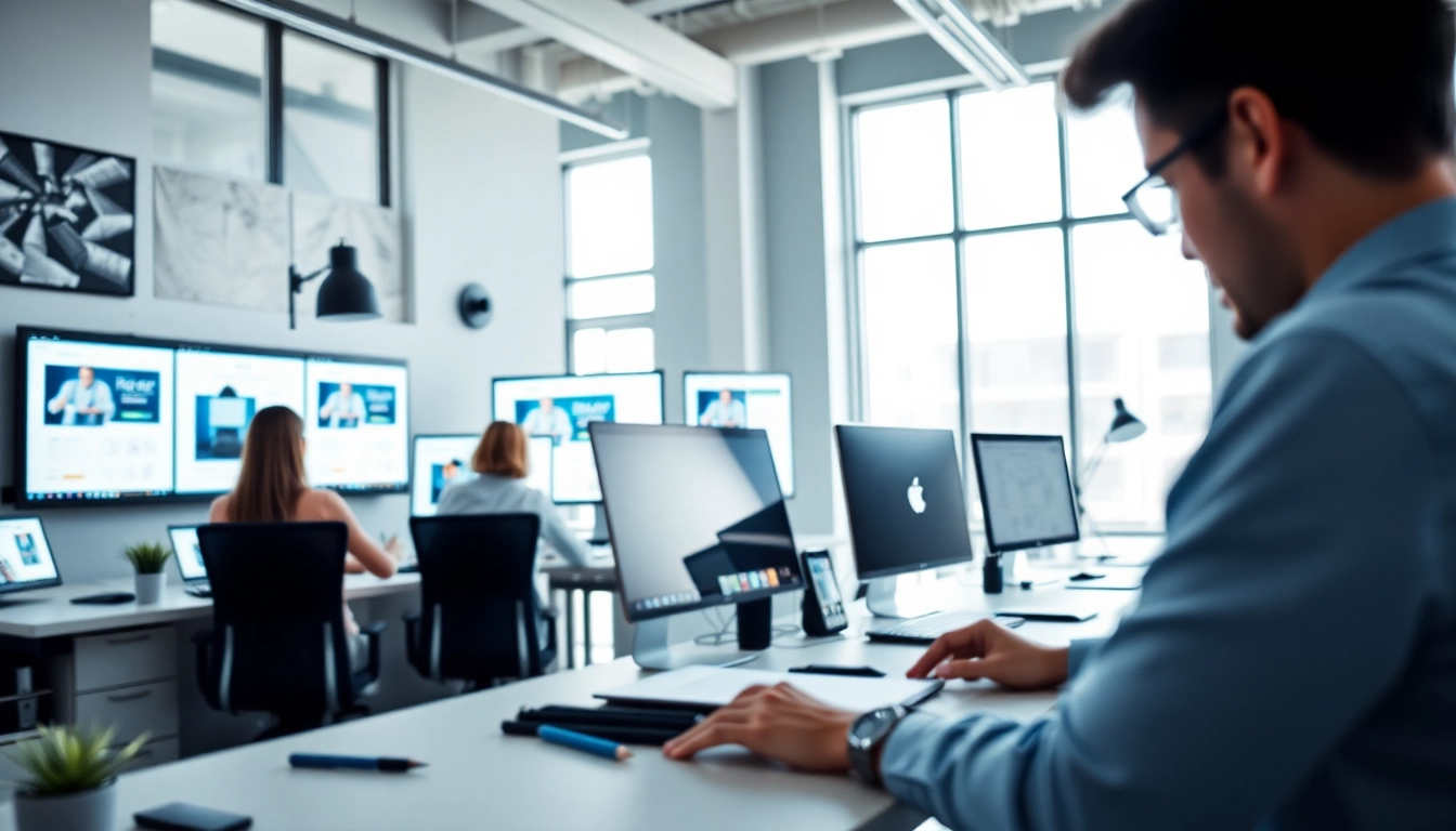 Edmonton web design team collaborating in a modern workspace with digital project displays.