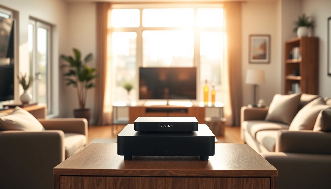 Showcasing the superbox tv box in a modern living room setup, highlighting its design and features.