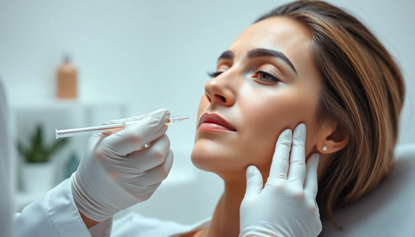 Applying Radiesse injections in a calming beauty clinic environment with a professional aesthetician.