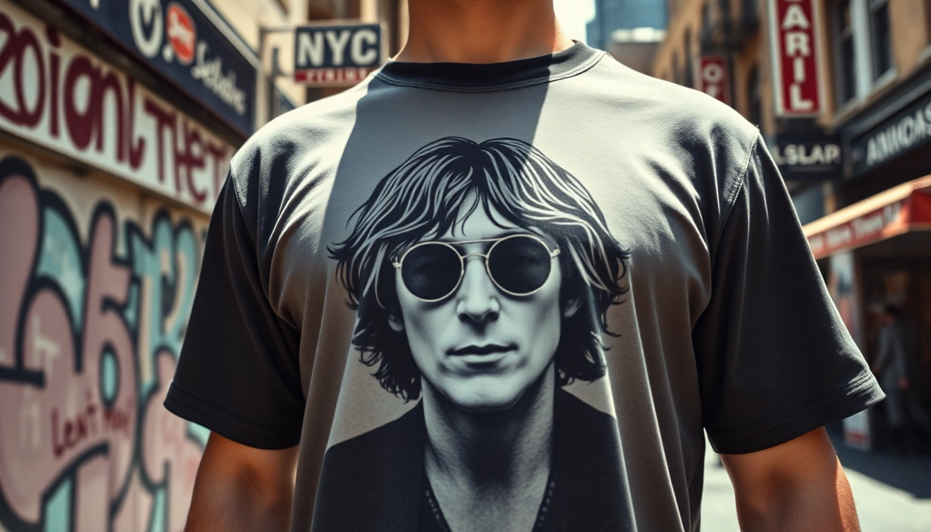Showcase the iconic john lennon new york shirt featuring Lennon’s vintage photo surrounded by NYC elements.
