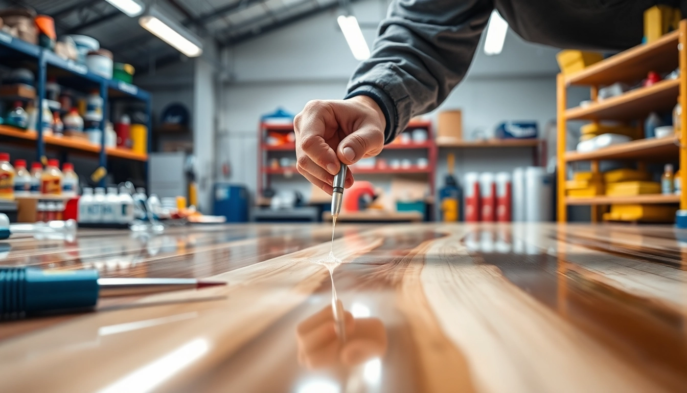 Applying laminating resin with precision in a bright workshop, highlighting craftsmanship and tools.