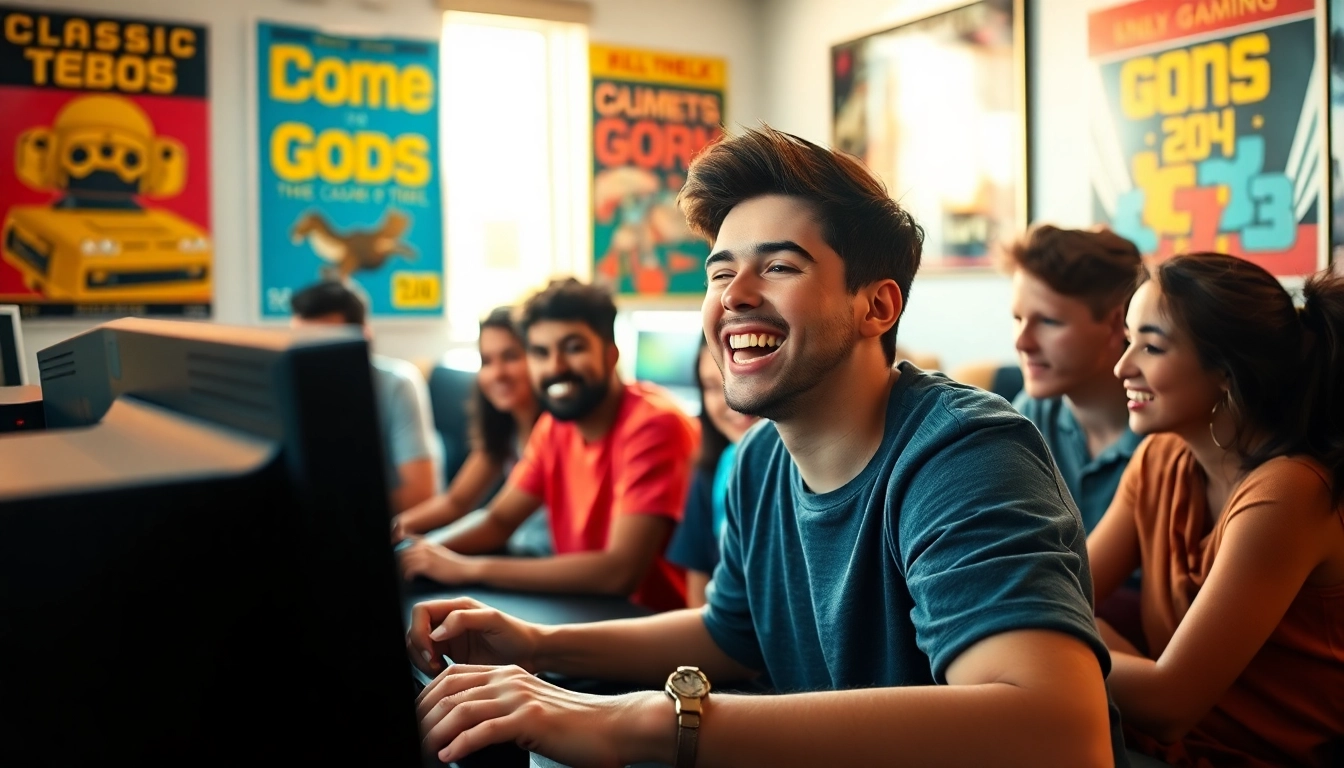 Engaged gamers enjoying DOS games download in a cozy retro gaming setup.