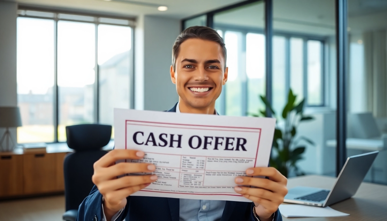 Sell my house fast okc with a friendly agent presenting a cash offer in a bright office.