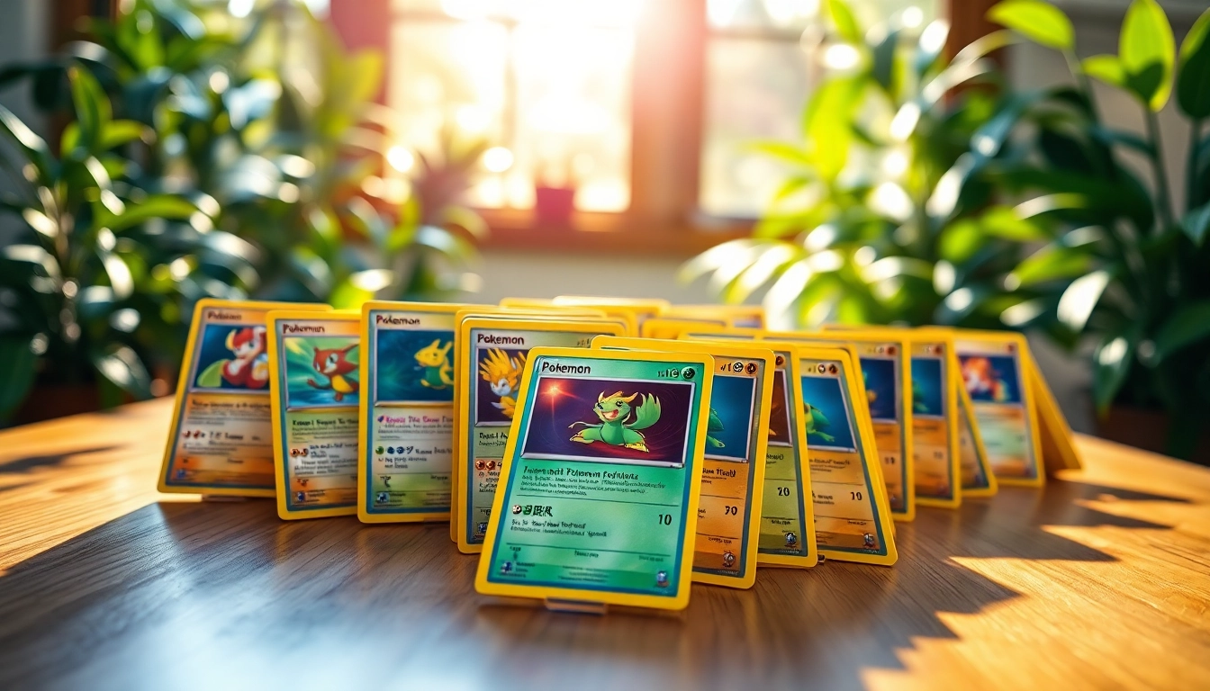 Showcasing real Pokémon cards with vibrant artwork and holographic features on a sleek wooden table.