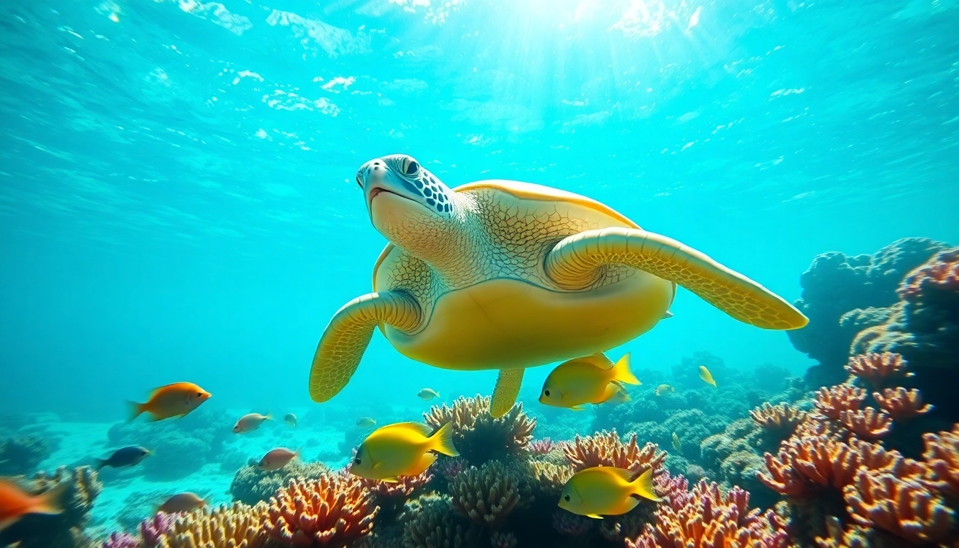 Two turtles snorkeling through a colorful coral reef, showcasing vibrant marine life.