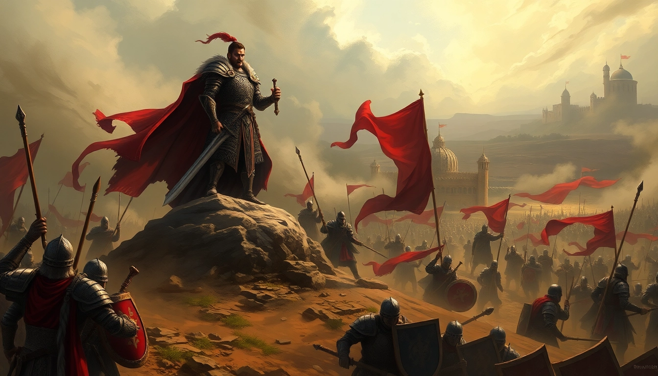 Warlords leading a battlefield scene with medieval soldiers and dramatic lighting.