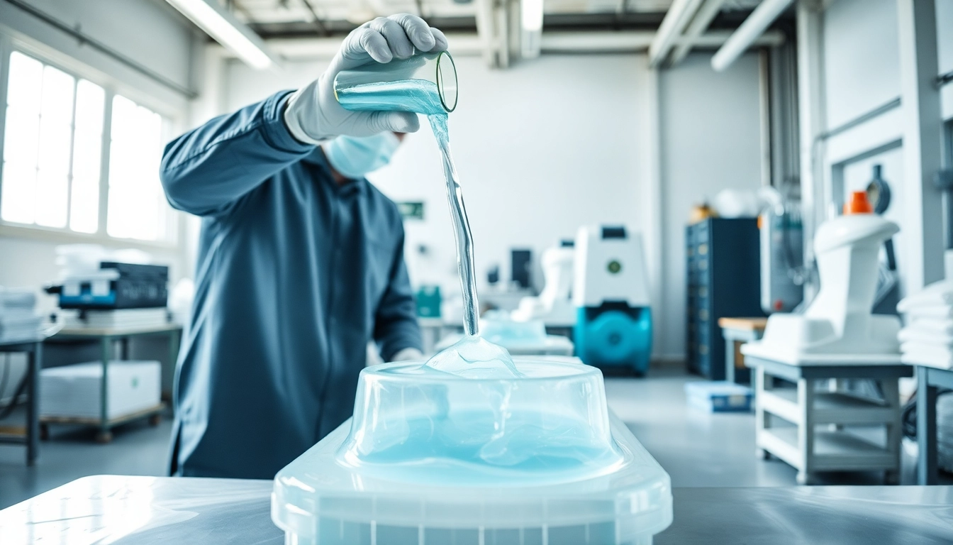 Pouring infusion resins into a mold in a modern workshop setting, showcasing clarity and precision.