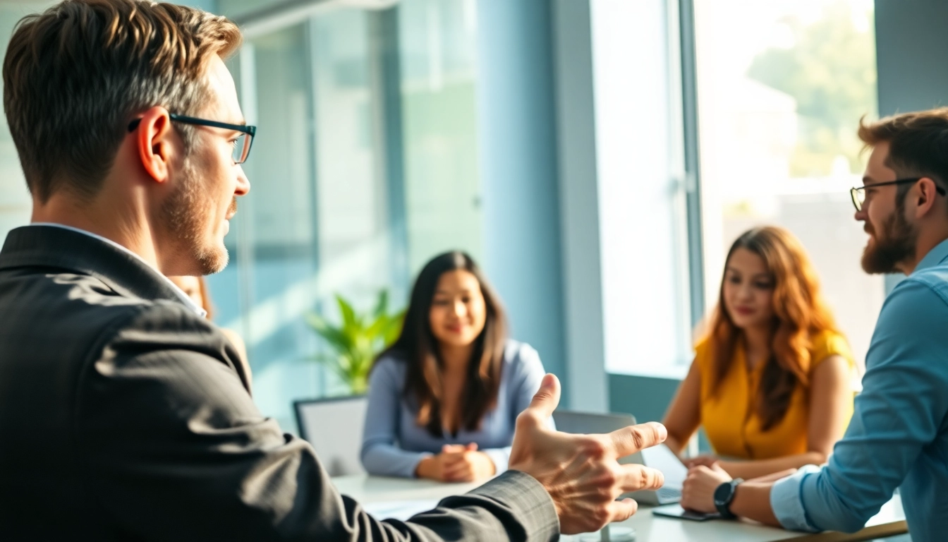 Launch Successful Startup: Entrepreneur presenting ideas to a diverse team in a bright workspace.