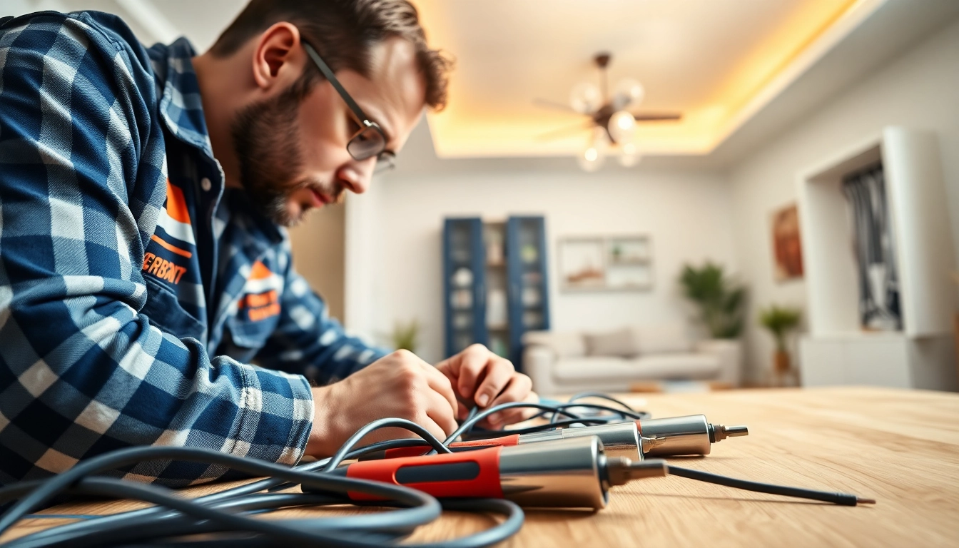 Electrician conducting Electrical Service installation, highlighting tools and professional skill.