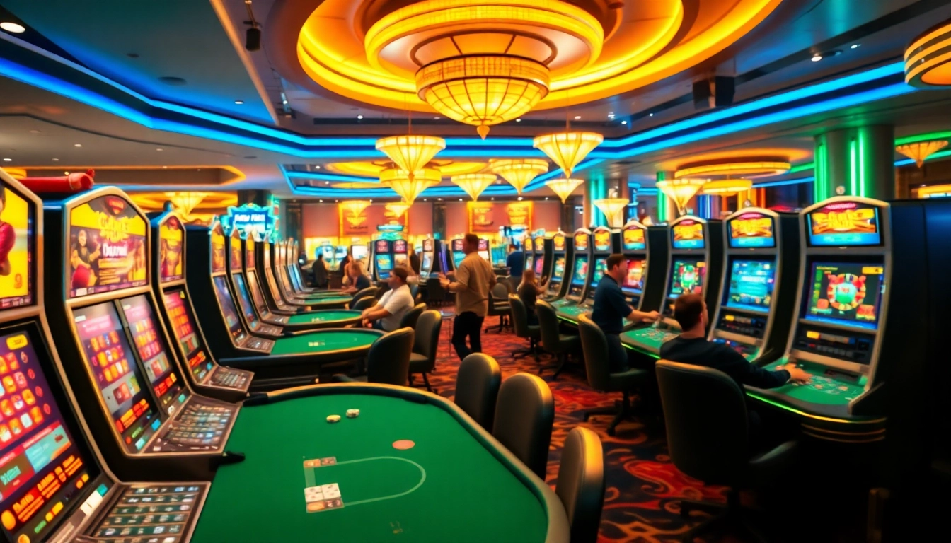 Experience the thrilling atmosphere of TPower casino with lively gaming setups and energetic players.