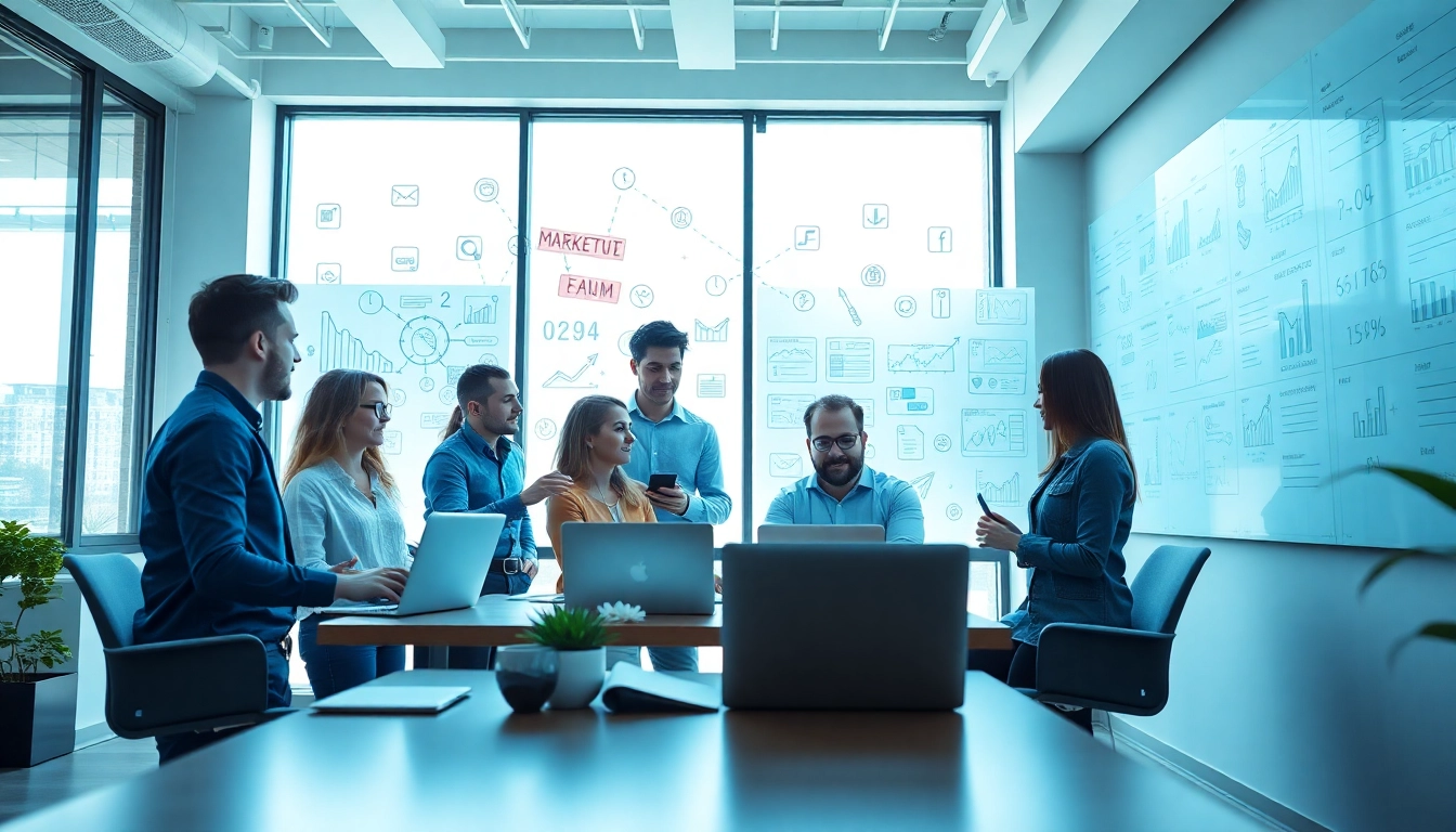 Engaged team discussing online marketing strategies in Edmonton's vibrant office space.