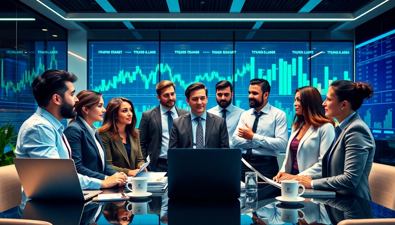 Engaged hedge fund professionals discussing strategies in a modern office setting.