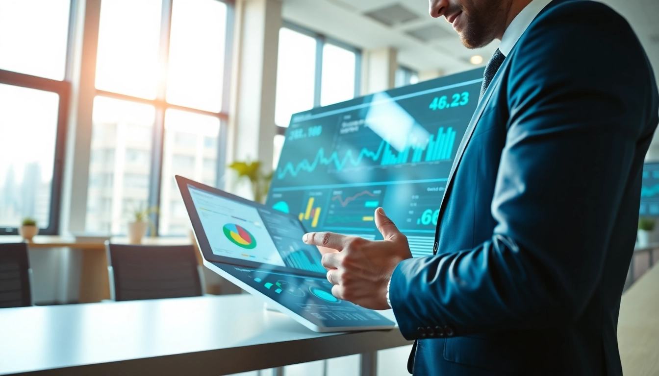 Analyze data using AI for competitive intelligence in a modern office setting, showcasing insightful visualizations.