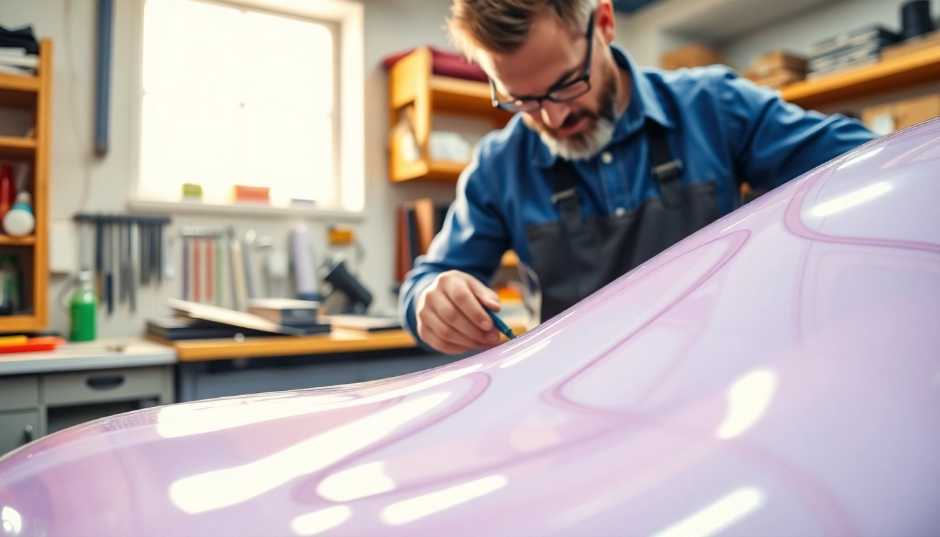Applying laminating resin to fiberglass mold in a professional workshop setting.
