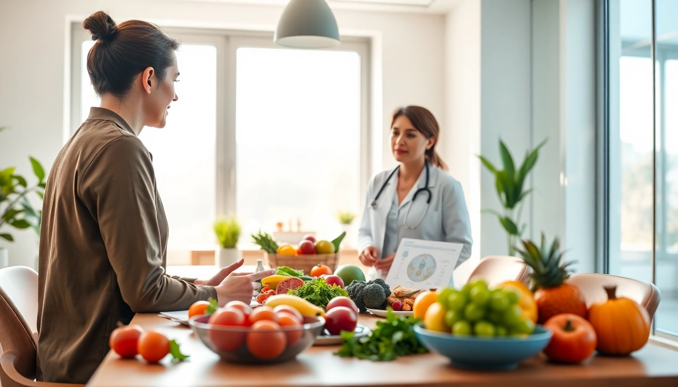 Client reviewing good dieting plans with a professional nutritionist in a bright office.