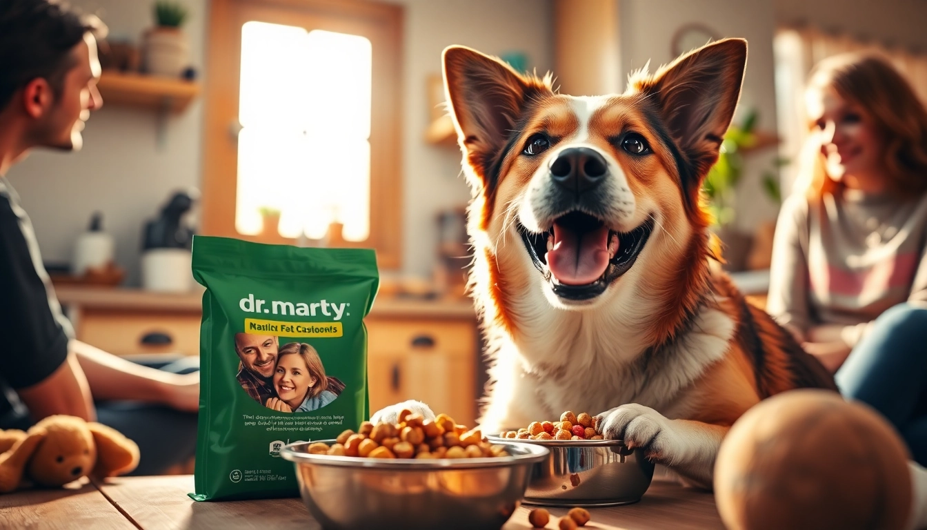 Dog relishing dr marty pet food canada in a cozy kitchen, showcasing happiness and nutrition.